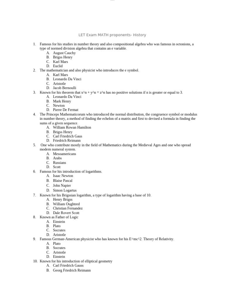 LET Exam: Math Proponents History | PDF | Mathematics