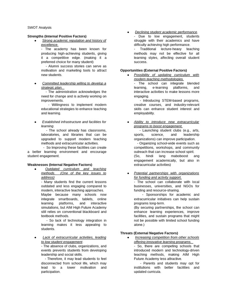 SWOT Analysis of AIM High Future Academy | PDF