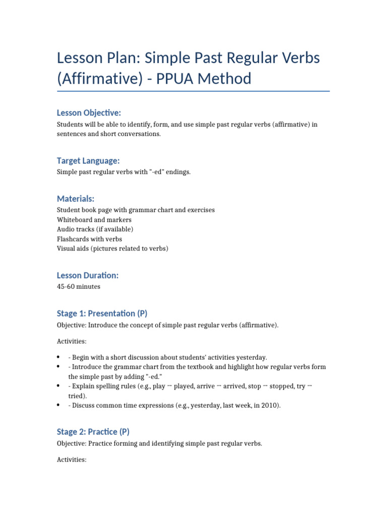 Simple Past Regular Verbs PPUA Lesson Plan | PDF