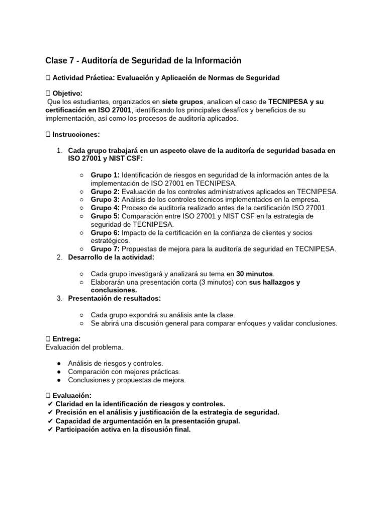 Auditoría de Seguridad ISO 27001 en TECNIPESA | PDF