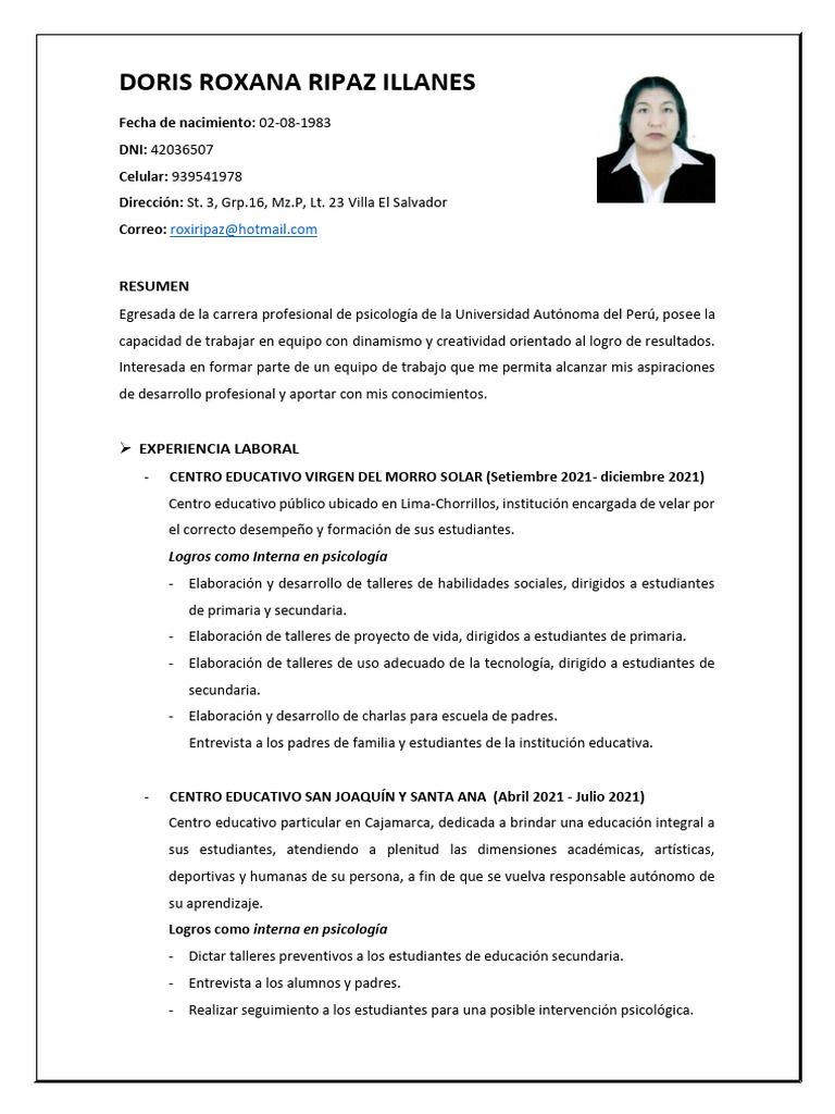 Perfil Profesional de Doris Ripaz Illanes | PDF | Sicología | Terapia