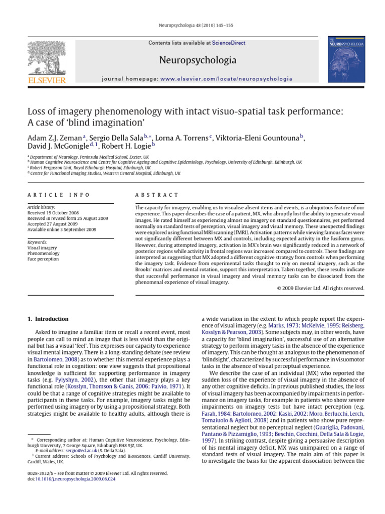 2010 loss of imagery phenomenology with intact visuo spatial task