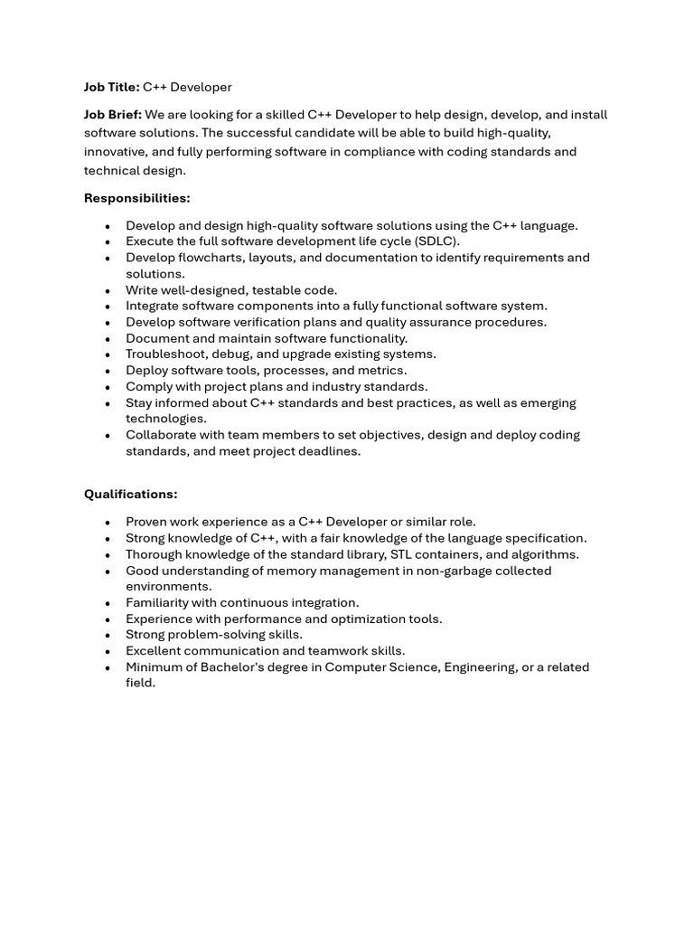C++ Developer Job Description & Skills | PDF | Computer Programming | C++