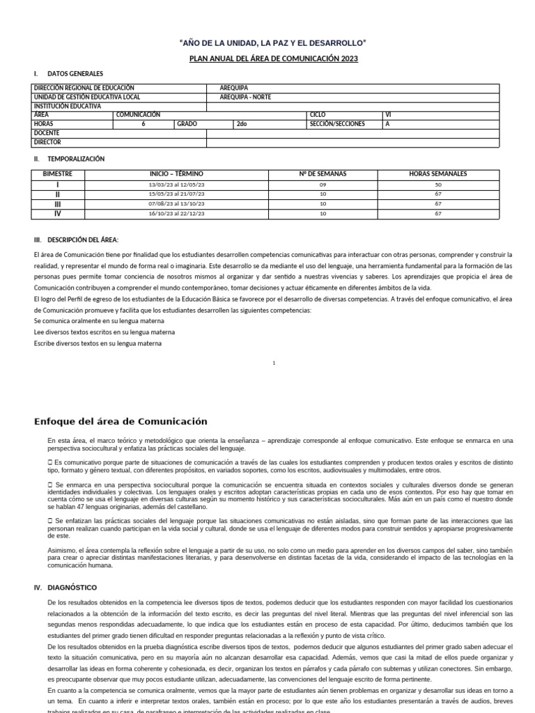Plan Anual Comunicación 2023 Arequipa | PDF | Comunicación | Aprendizaje