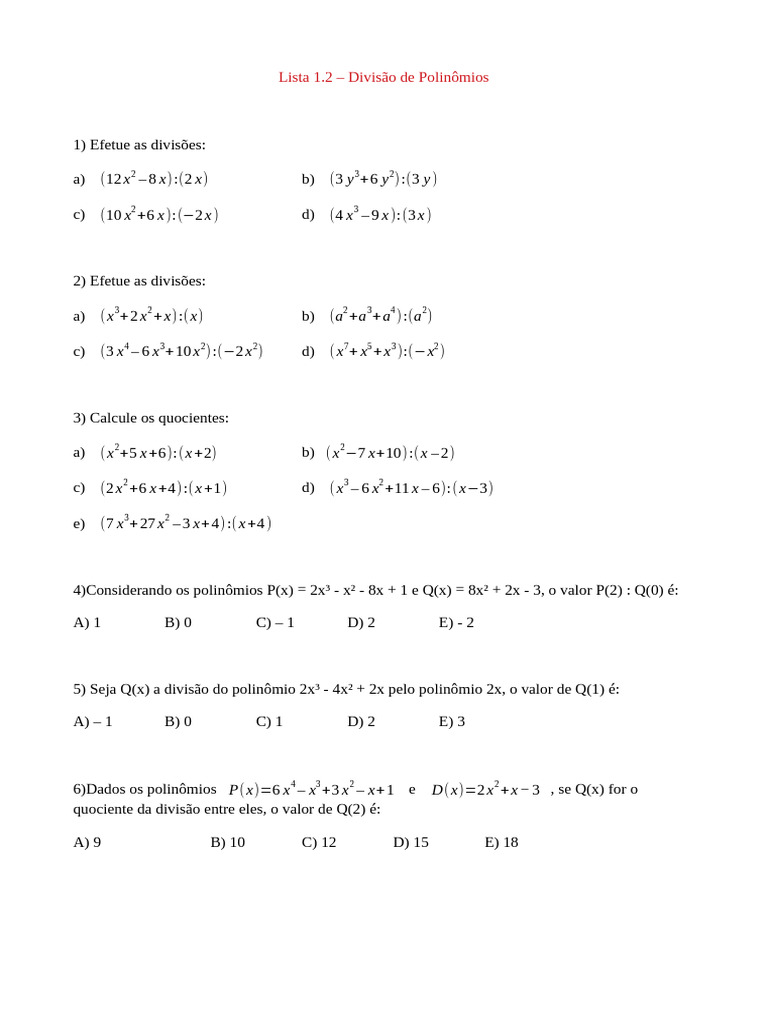 Exercícios de Divisão de Polinômios | PDF | Divisão (Matemática ...