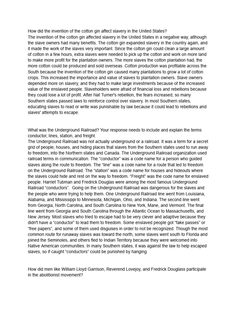 Impact of Cotton Gin on U.S. Slavery | PDF | Underground Railroad ...