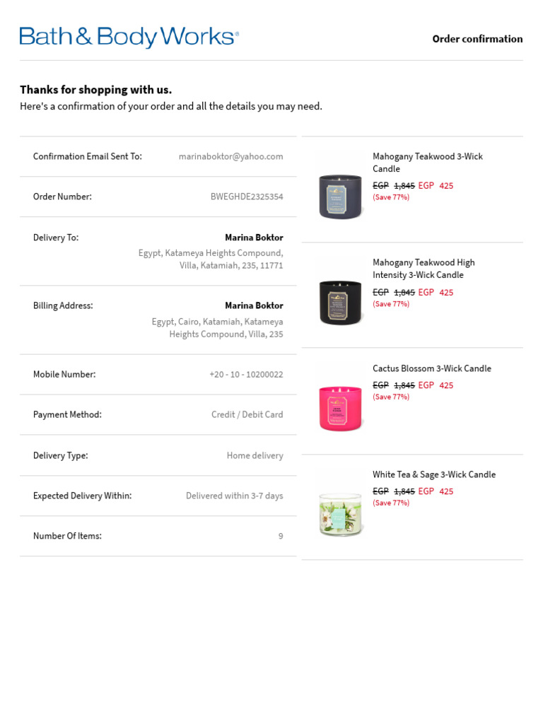 Order Confirmation - Bath and Body Works Egypt | PDF | Payments