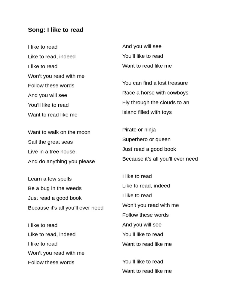 I Like To Read Song | PDF