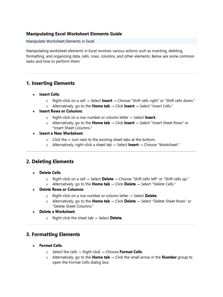 Excel Worksheet Elements Manipulation Guide | PDF | Microsoft Excel ...