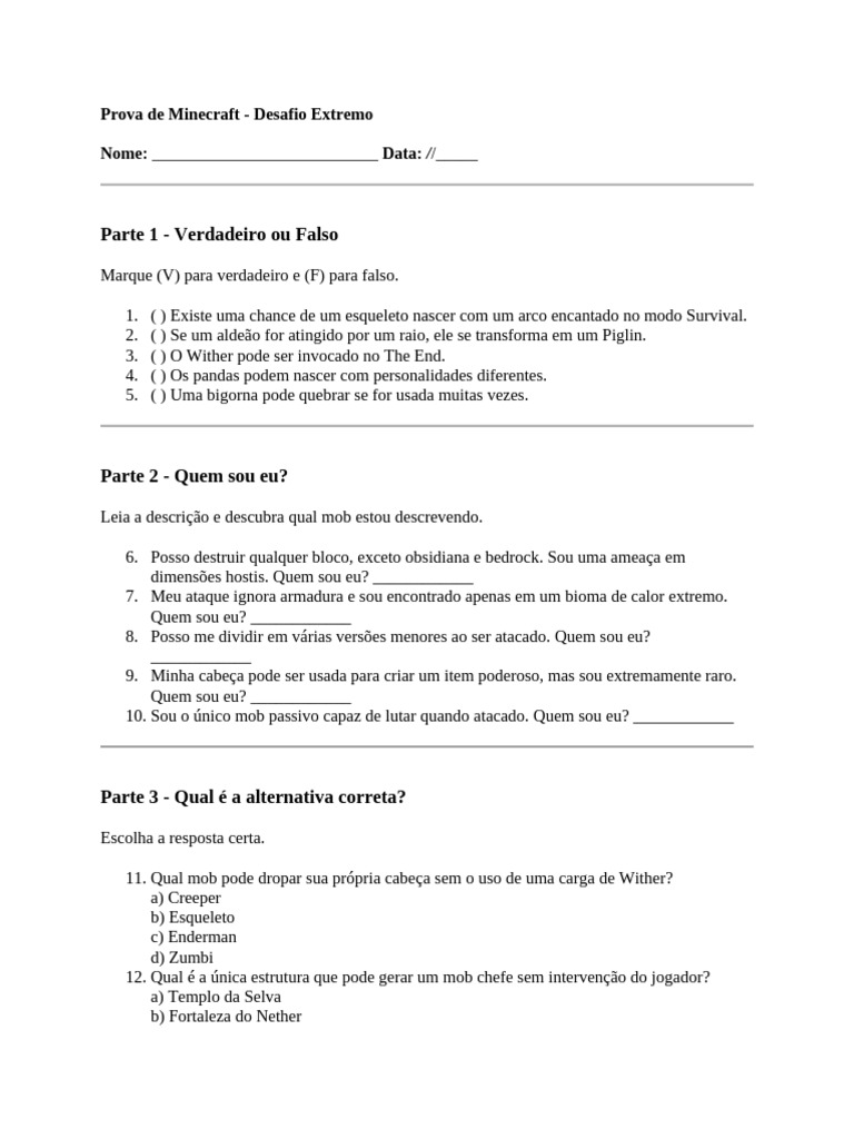 Prova de Minecraft: Desafio de Mobs | PDF