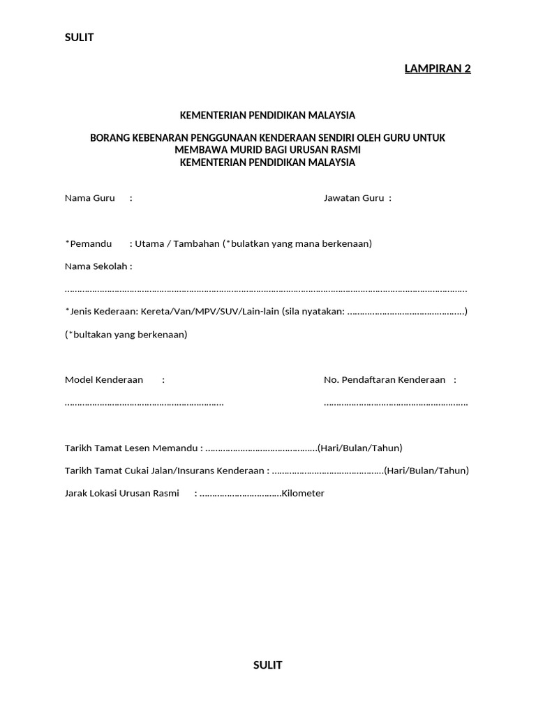 Borang Kebenaran Penggunaan Kenderaan Sendiri | PDF