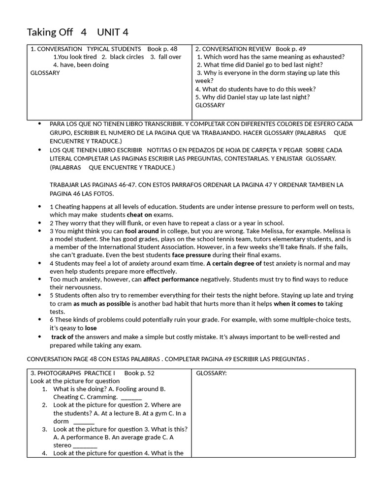 Taking Off 4 WORKSHEETS UNIT 4 1° BACH. FEBRERO 25, 2025 | PDF | Anxiety