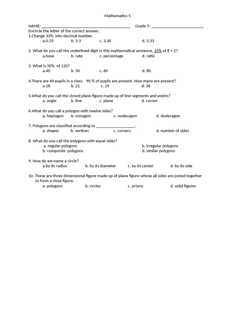 Mathematics 5 Activities For Monitoring | PDF