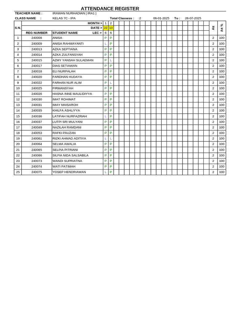 Attregister_kelas 7c - Ipa | PDF