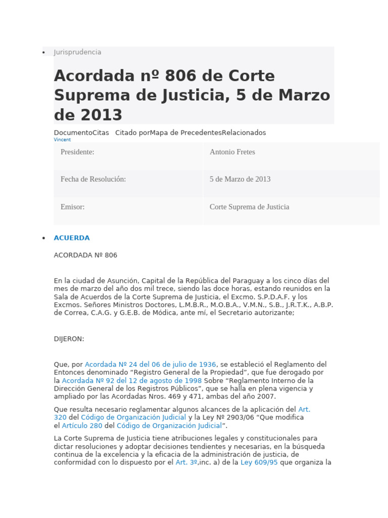 Acordada 806: Normas de Inscripción Judicial | PDF | Justicia | Crimen ...