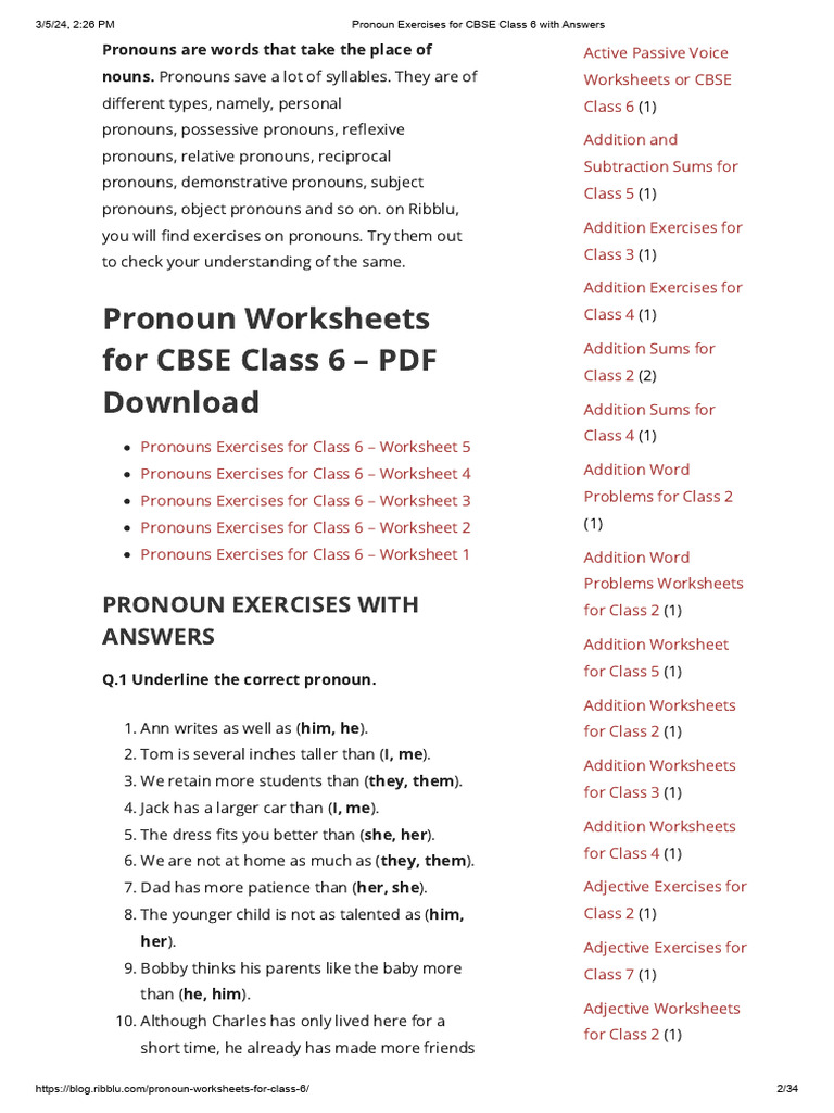 Pronoun Exercises for Class 6 with Answers | PDF | Pronoun | Syntactic ...