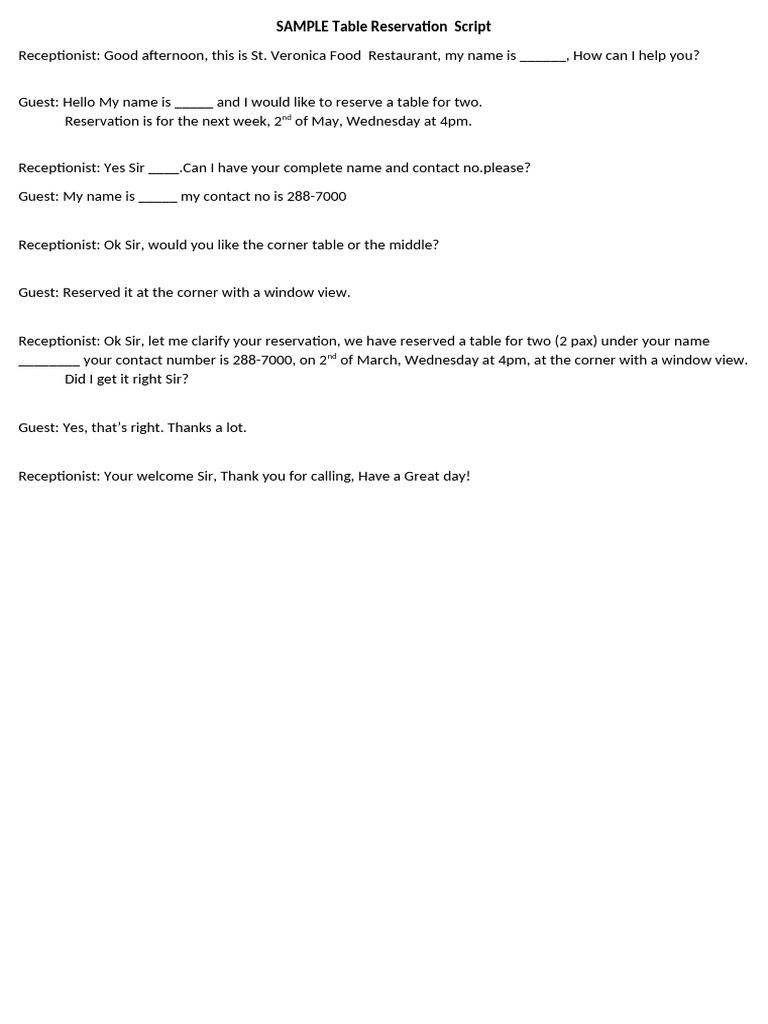 Table Reservation Script Example | PDF