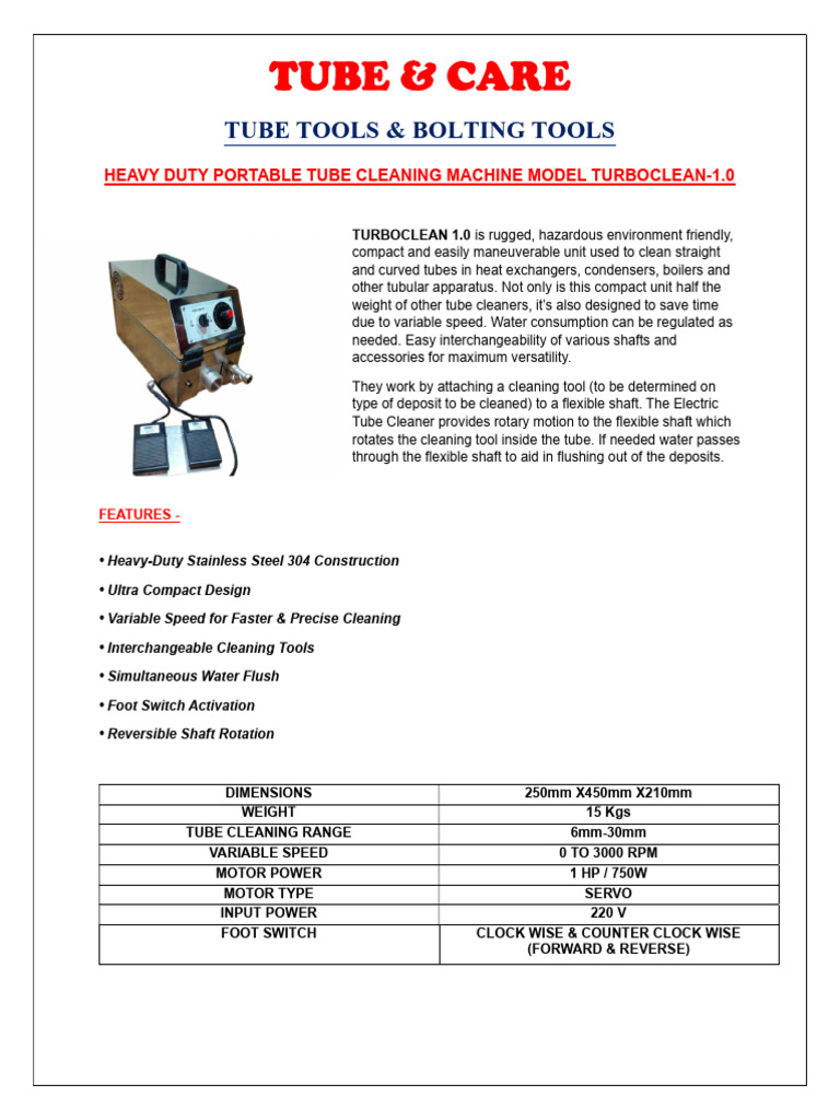 TurboClean 1.0 Tube Cleaning Machine | PDF | Electric Motor | Switch