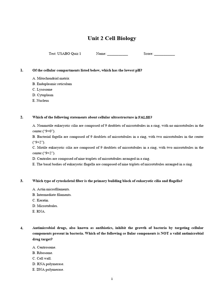 USABO Cell Biology Quiz 1 | PDF | Photosynthesis | Microtubule