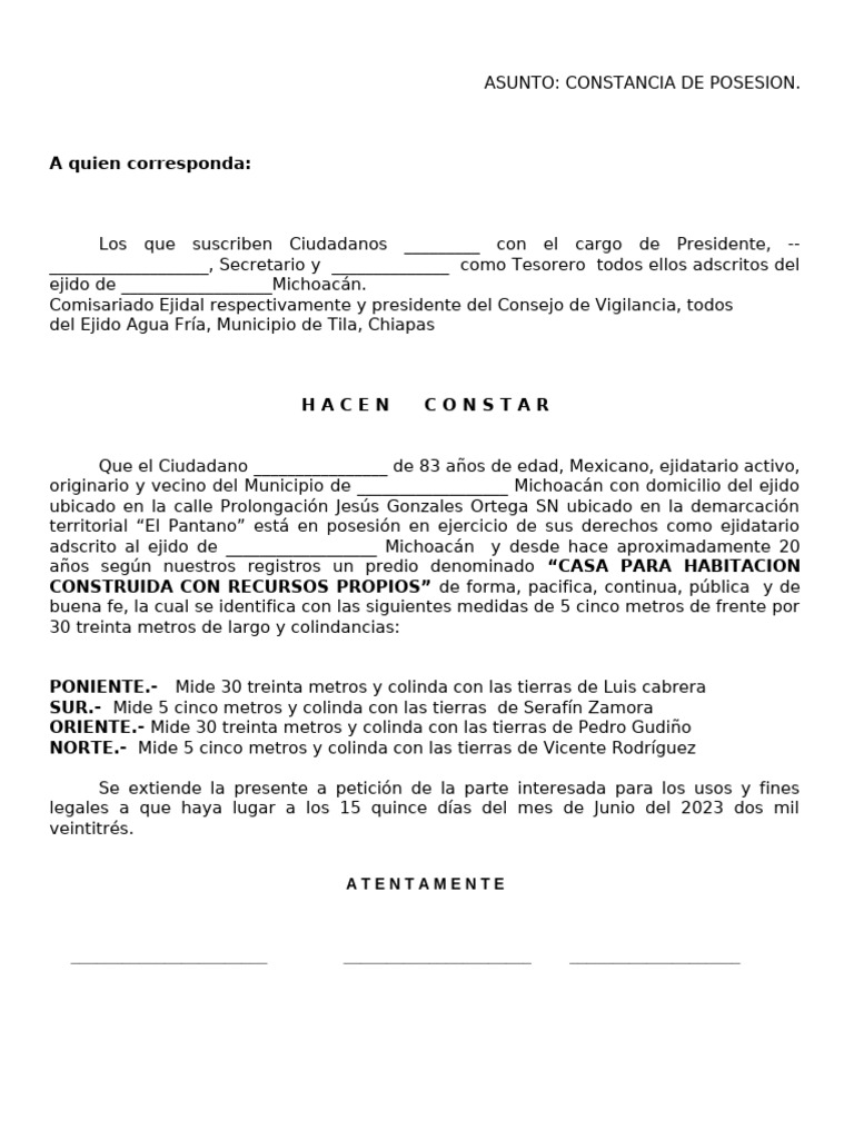 Constancia de Posesión ejido | PDF