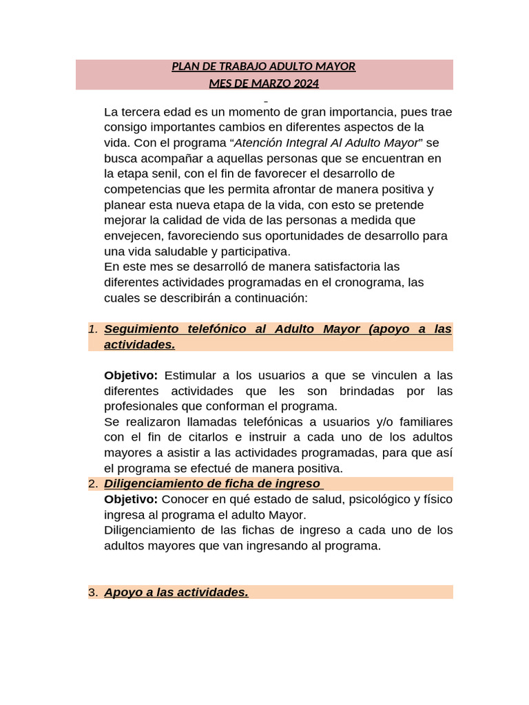 Plan de Trabajo para Adultos Mayores Marzo 2024 | PDF | Vejez | Adultos