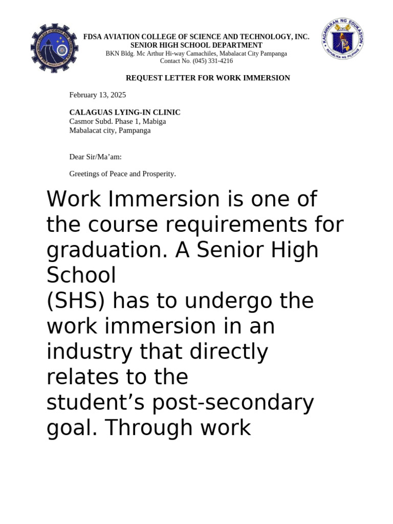 FDSA Sample Work Immersion Letter | PDF | Learning | Science