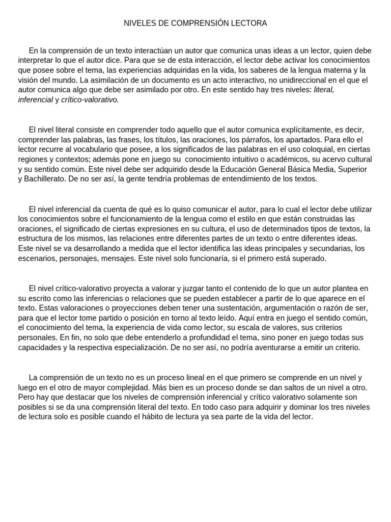Niveles de Comprensión Lectora | PDF | Comprensión lectora ...