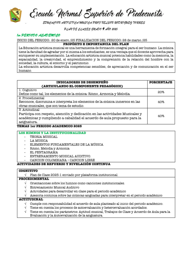 2025 Grado 9 Plan de Aprendizaje | PDF | Salón de clases | Armonía