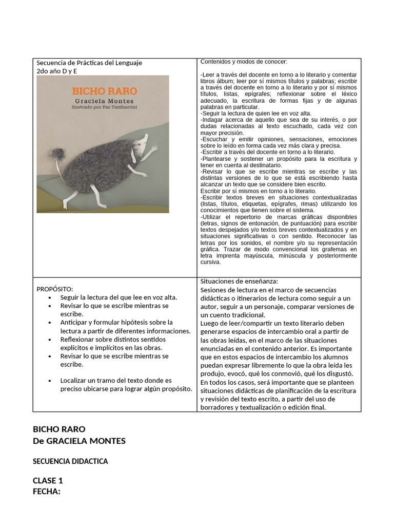 Prácticas de Lenguaje 2do Año: Bicho Raro | PDF | Escritura | Cuentos