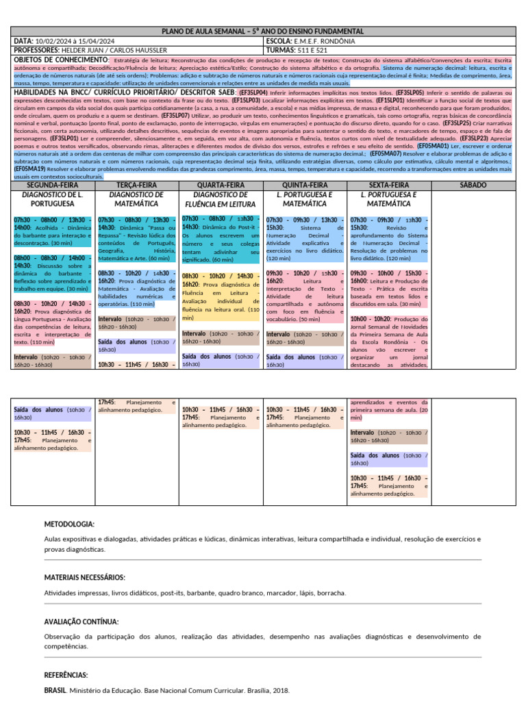 Plano de Aula 5º Ano: Língua e Matemática | PDF | Pedagogia | Decimal