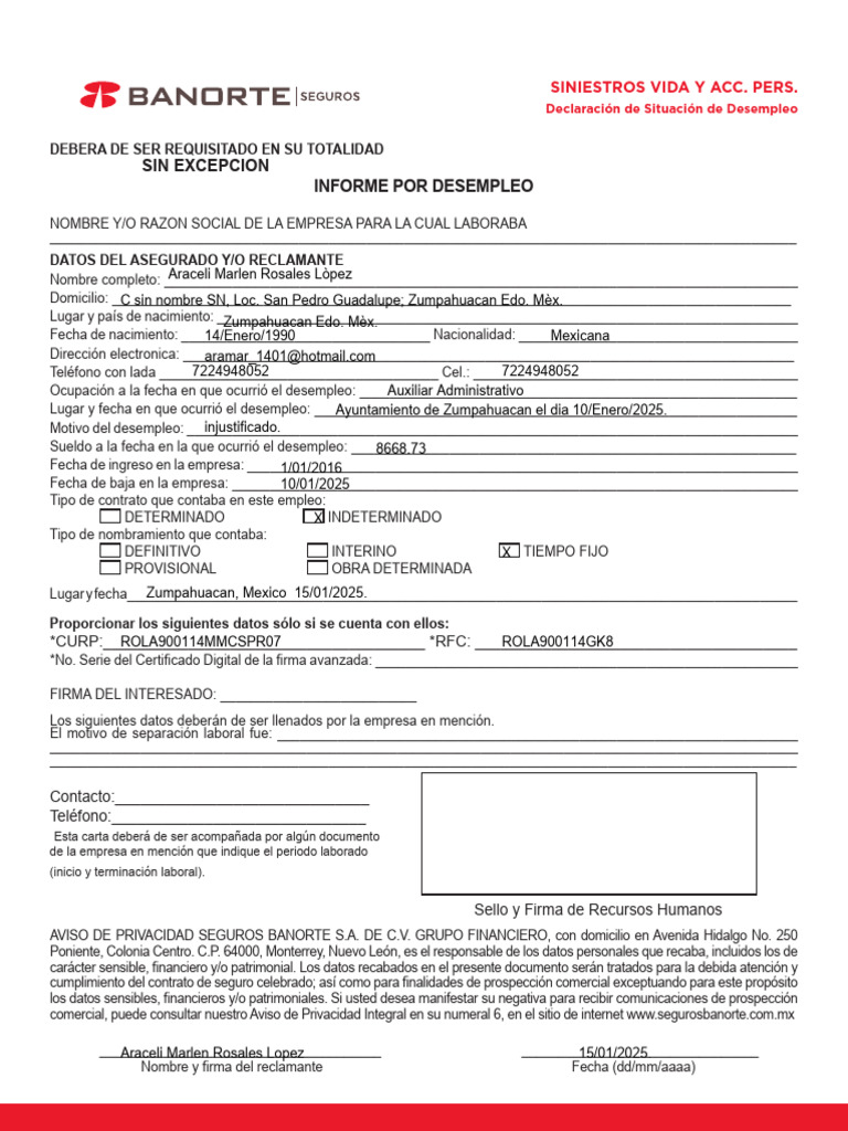 Informe De Desempleo Y Reclamaci n PDF