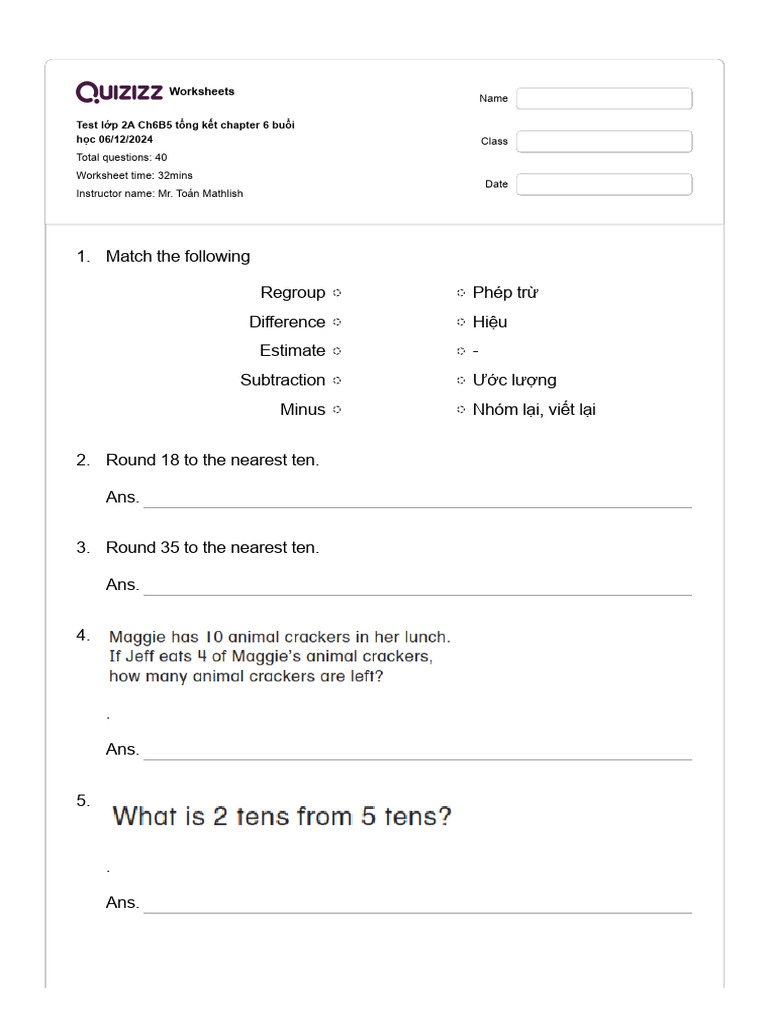 Test Grade 2 - Chapter 6 | PDF