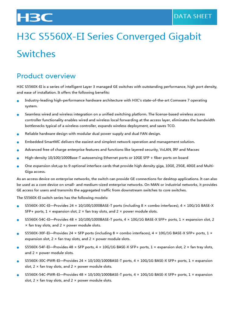 H3C S5560X-EI Gigabit Switch Overview | PDF | Computer Network ...