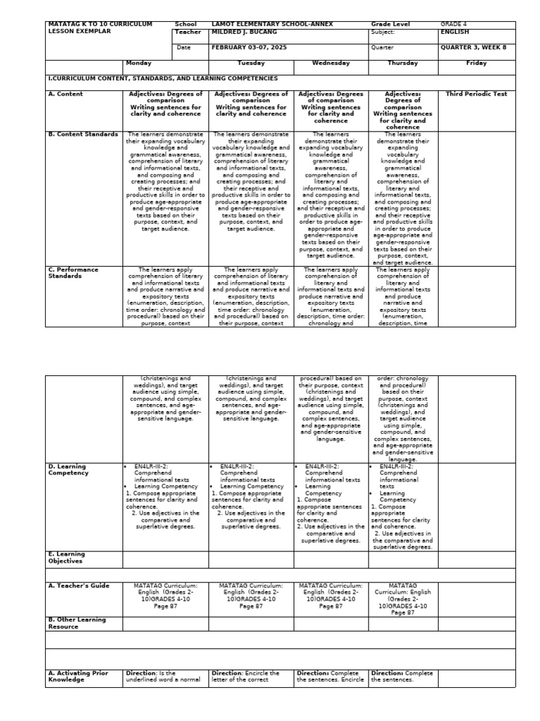 Grade 4 Adjectives Lesson Plan | PDF | Adjective | Linguistics