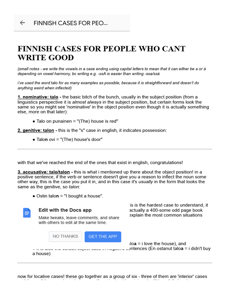 Finnish Grammar: Comprehensive Case Guide | PDF | Morphology | Language ...