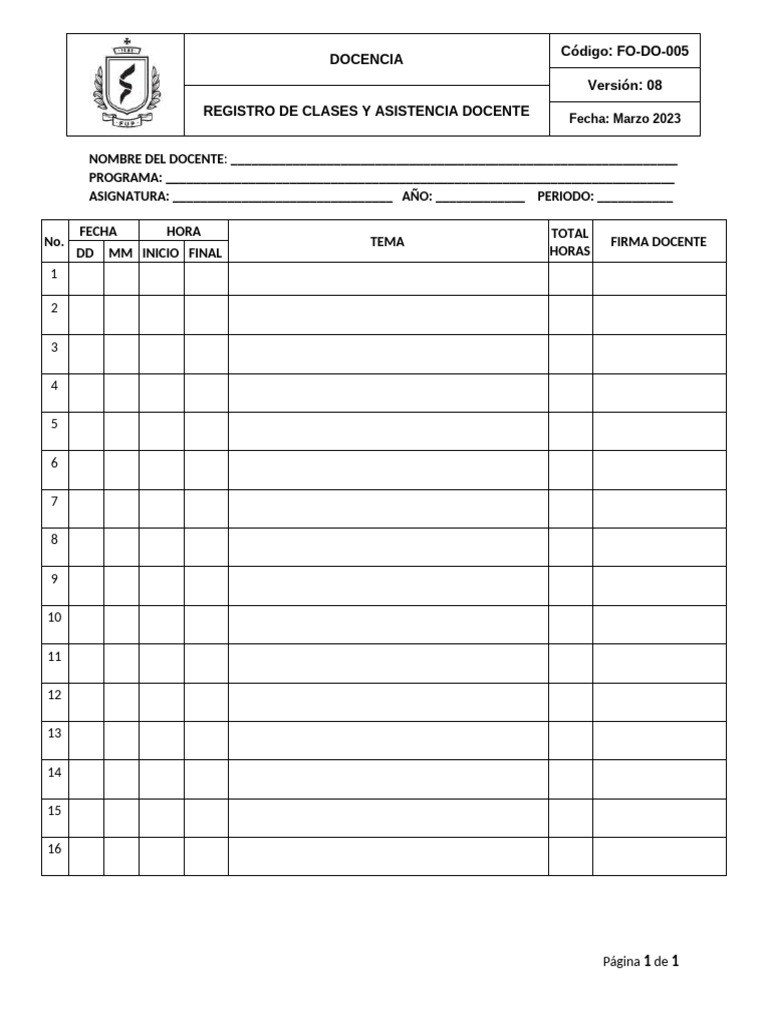FO-DO-005 Registro de Clase y Asistencia Docente V8.2 | PDF