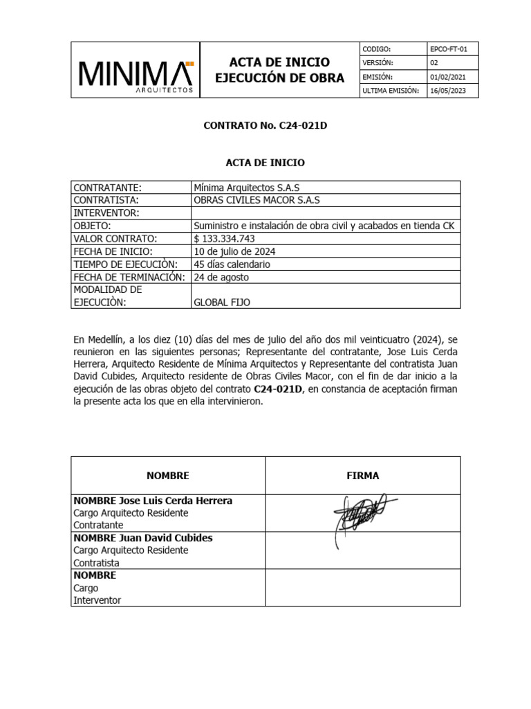 Acta de Inicio de Obra Civil CK | PDF