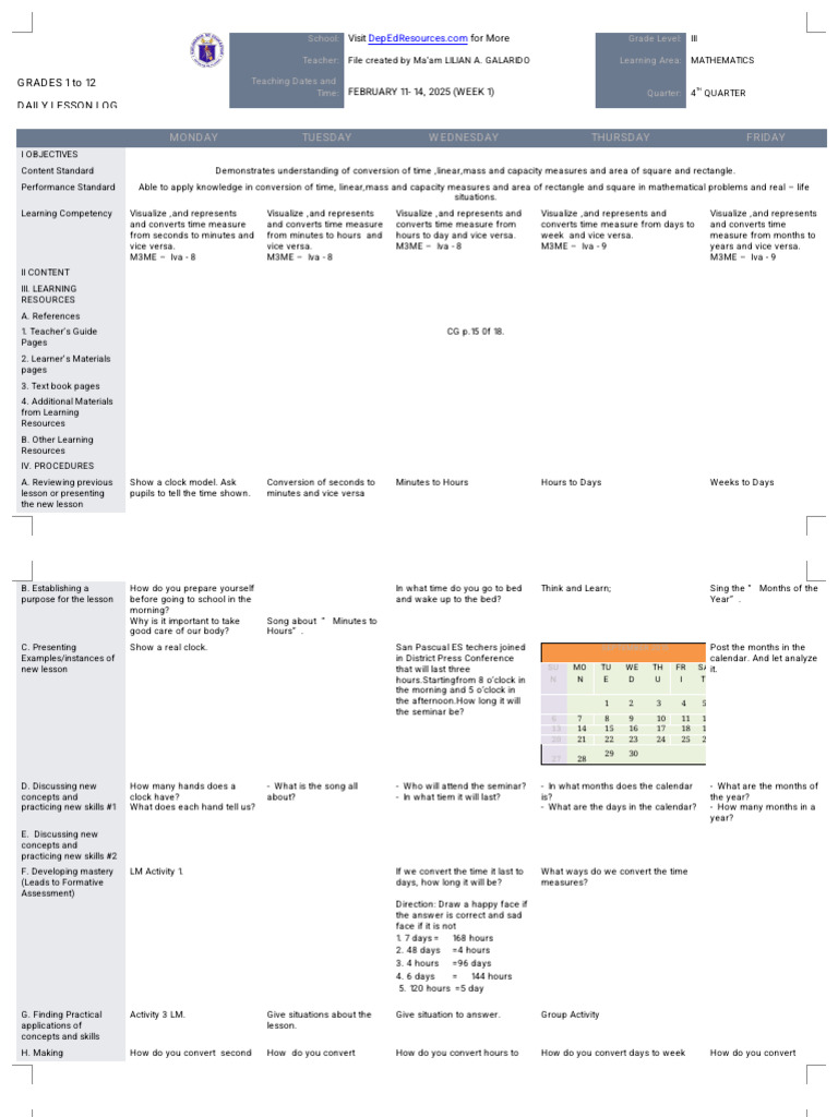 Grade 3 Math Daily Lesson Plan | PDF | Learning | Behavior Modification