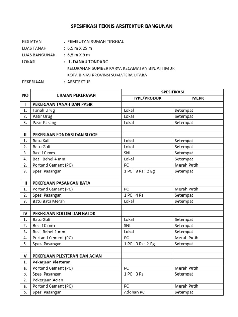 Spesifikasi Teknis Arsitektur Rumah | PDF