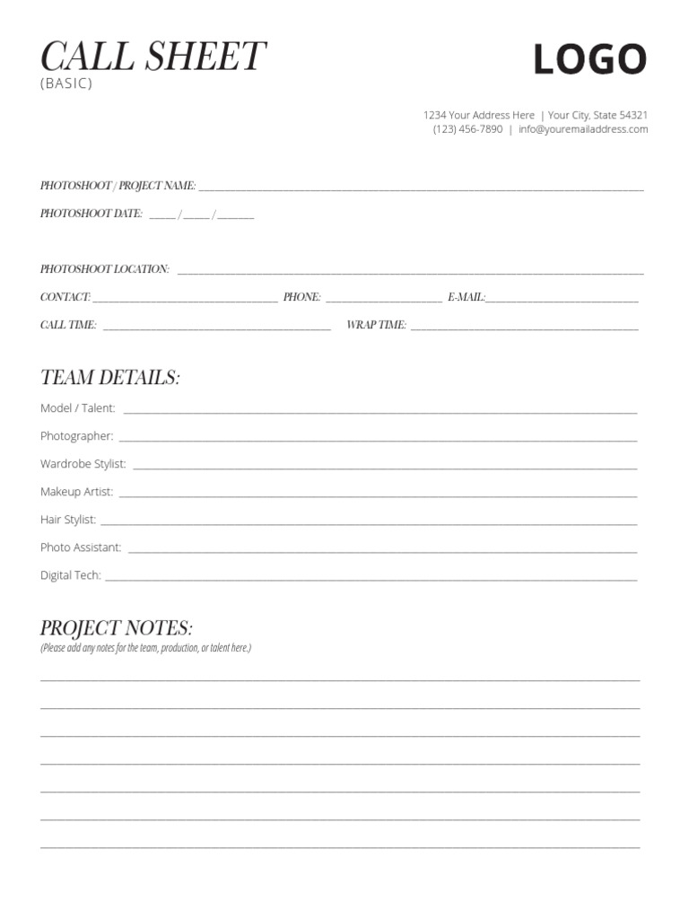 Photoshoot Call Sheet Template | PDF | Modeling Themed Reality ...
