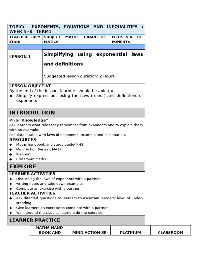 Grade 10 Exponents and Equations Guide | PDF | Numbers | Exponentiation