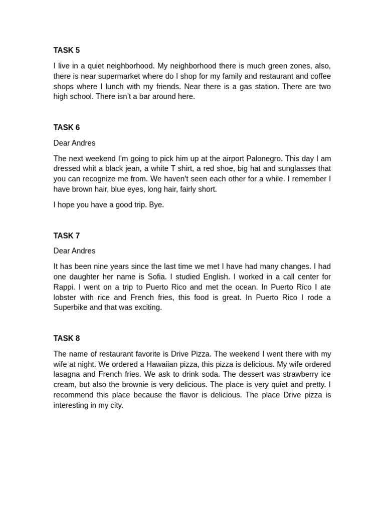 ENGLISH A1 - TASK 5 To 8 | PDF