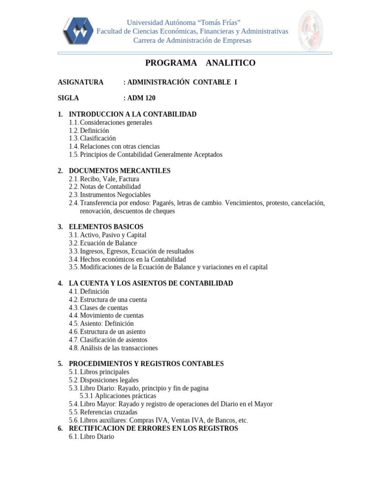 Programa de Administración Contable I | PDF | Contabilidad | Industrias ...
