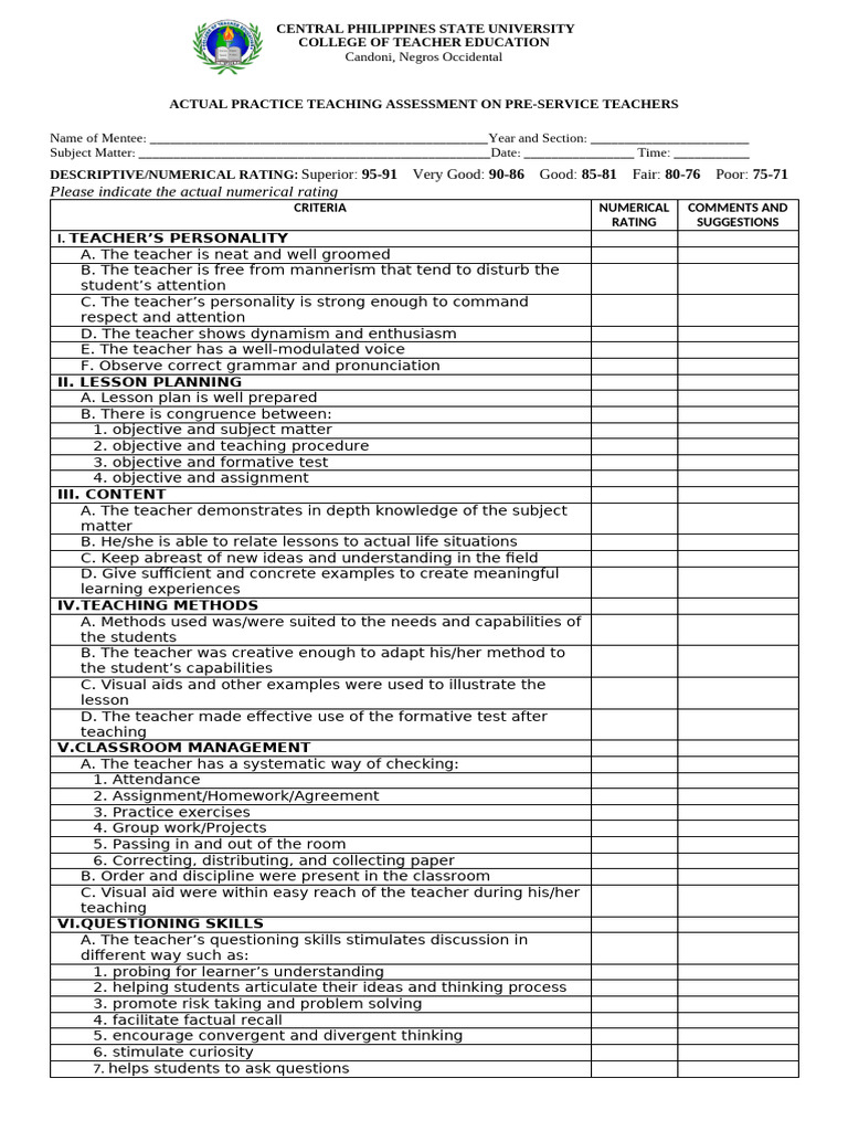 Practice Teaching Assessment Criteria | PDF | Teachers | Teaching Method