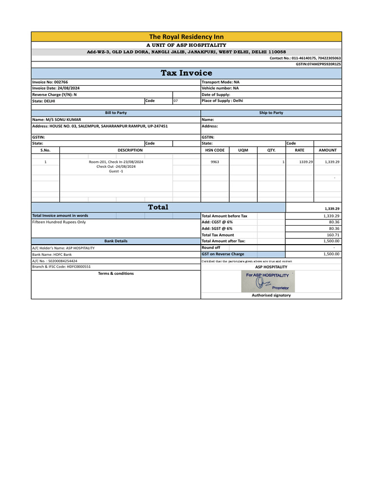 Royal Residency Inn Tax Invoice 002766 | PDF | Economy Of India ...
