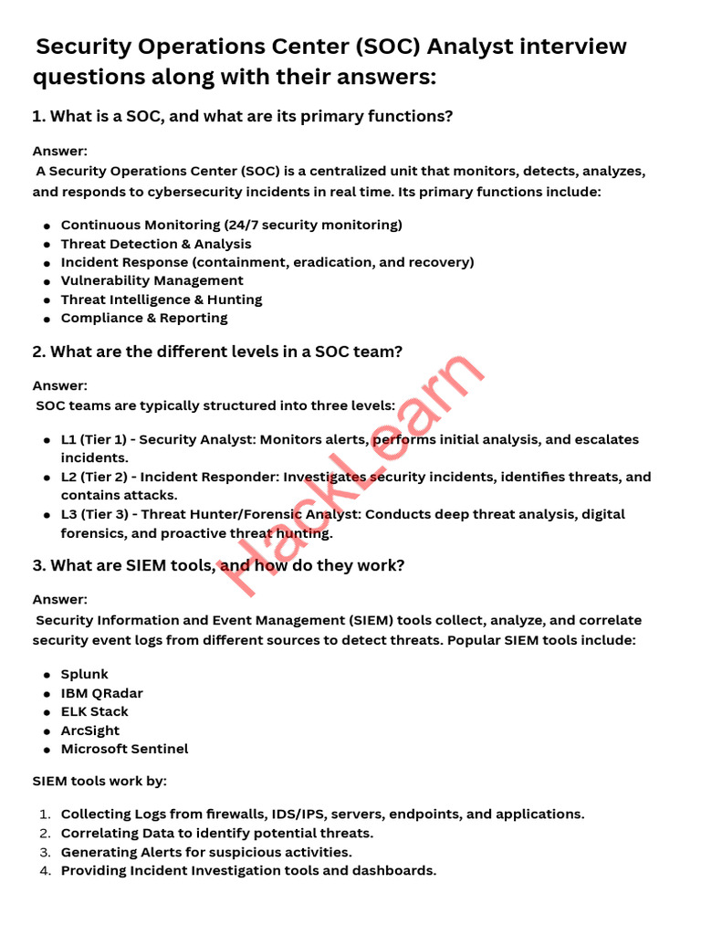 SOC Analyst Interview Questions & Answers | PDF | Malware | Security