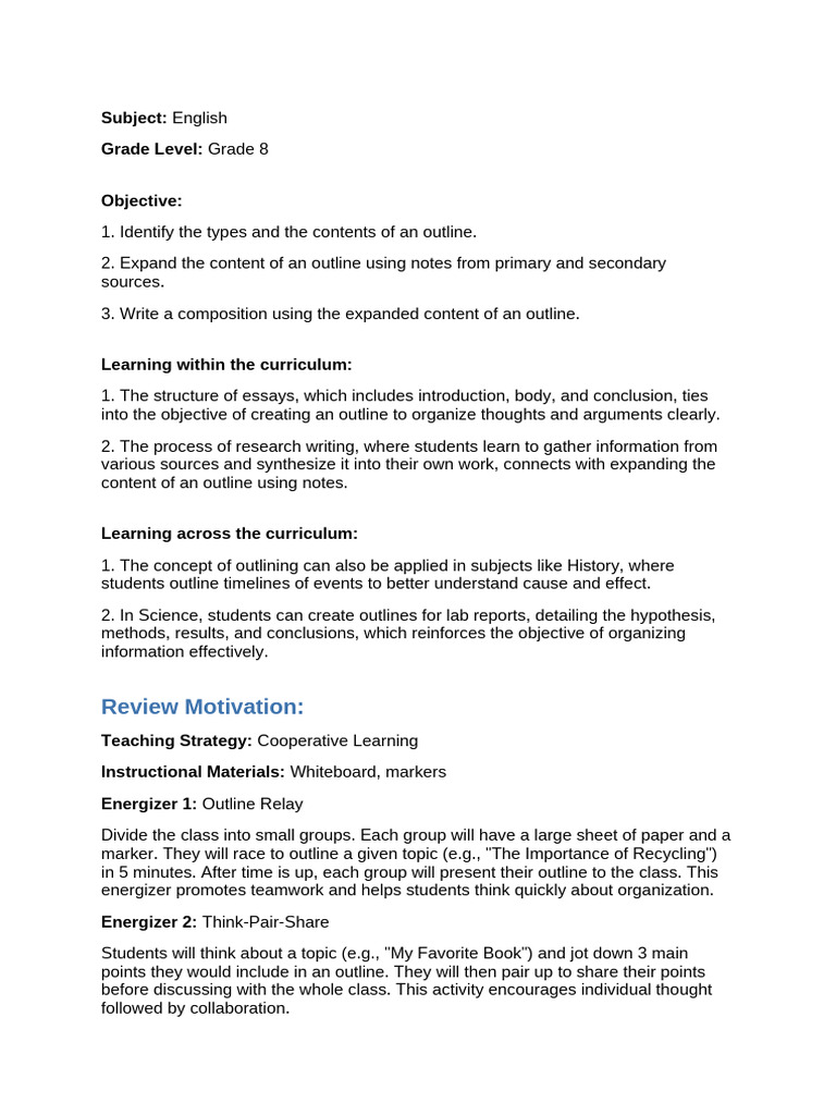 Mastering Outlines for 8th Grade Writing | PDF | Thought | Learning