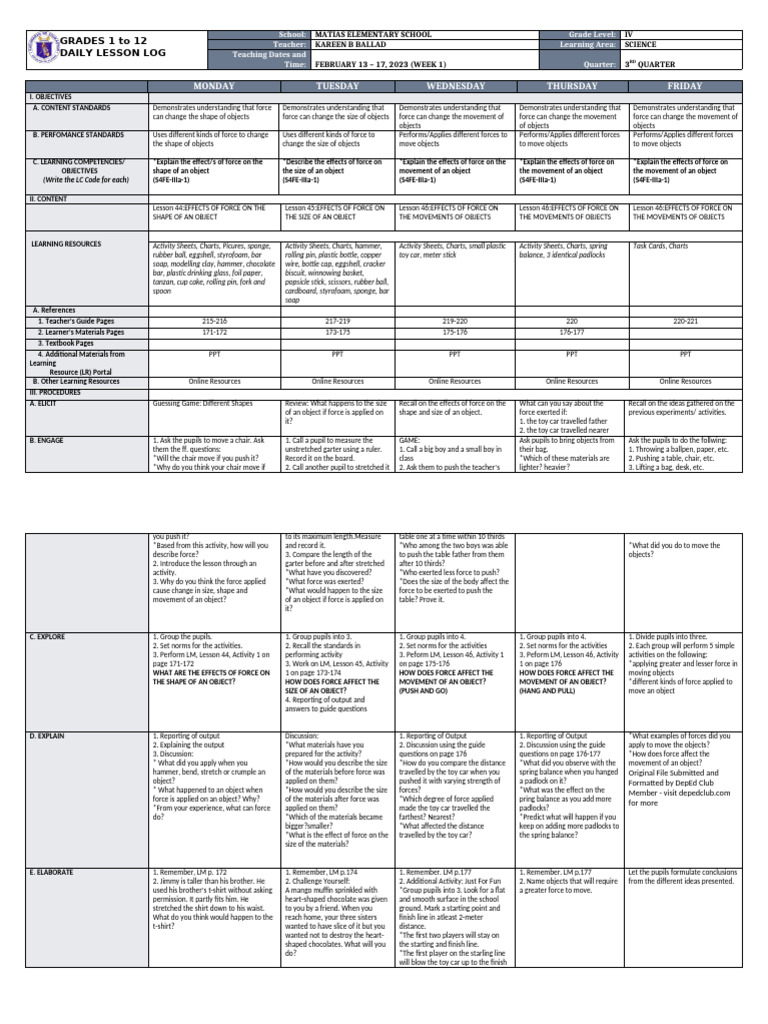 DLL - Science 4 - Q3 - W1 | PDF | Force