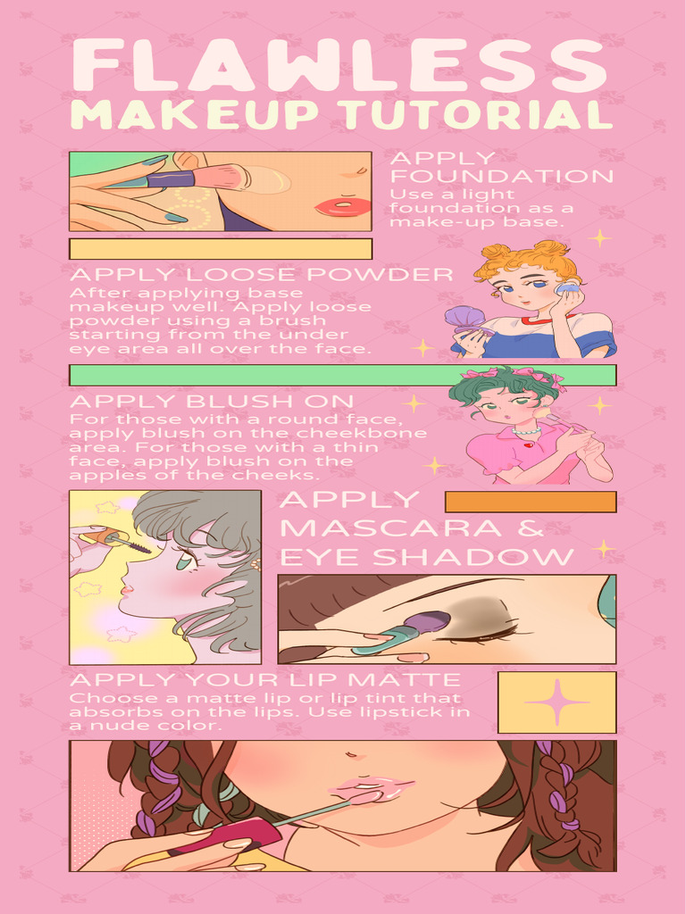 Pink Simple Illustrated Flawless Makeup Tutorial Infographic | PDF