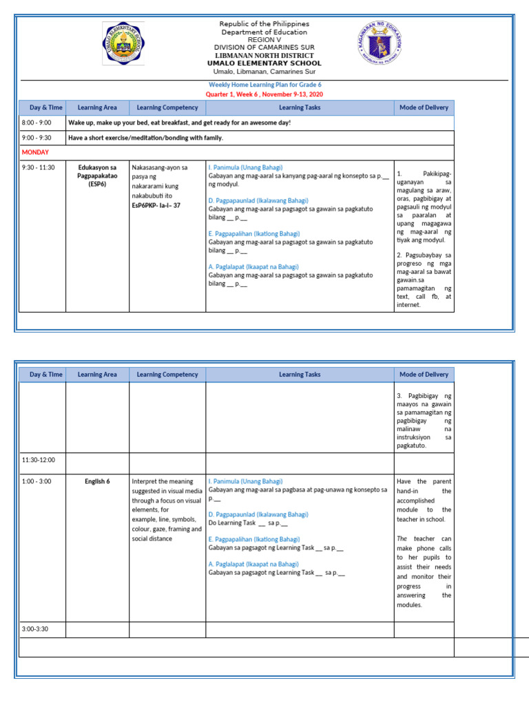 Grade 6 - All Subjects - WHLP - Q1 - W6 | PDF